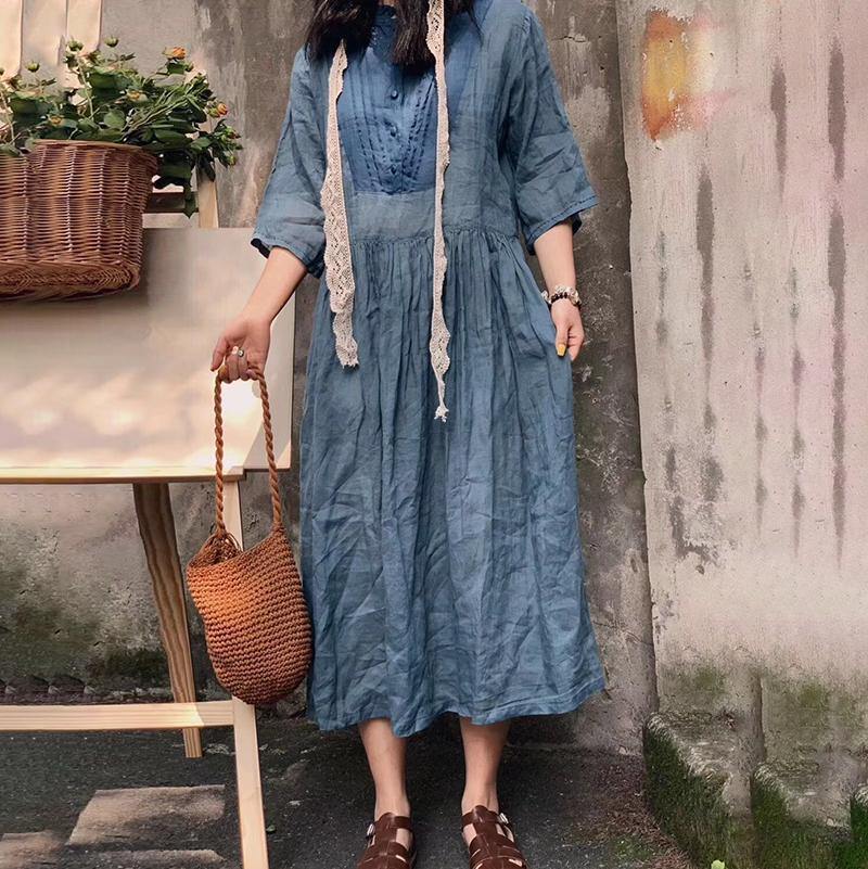 Loose cotton tunics for women 2019 Floral Button Solid Pleated Women Dress - Omychic