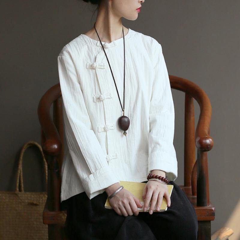 Loose cotton white Blouse Omychic Women Chinese Style Cotton Frog Spring Coat Shirt - Omychic