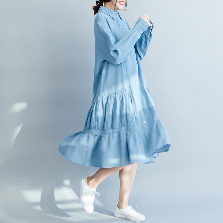 Loose denim blue cotton clothes For Women Soft Surroundings Tunic Tops lapel wrinkled A Line spring Dress - Omychic