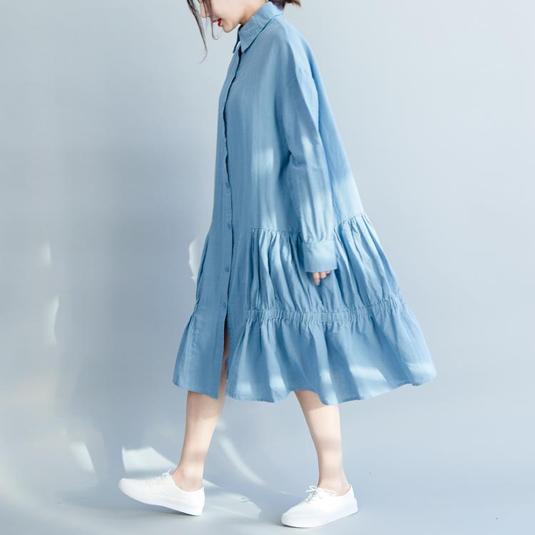 Loose denim blue cotton clothes For Women Soft Surroundings Tunic Tops lapel wrinkled A Line spring Dress - Omychic