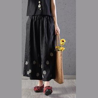 Loose elastic waist Vintage Black Cotton Linen Embroidery Ankle-Length Pants - Omychic