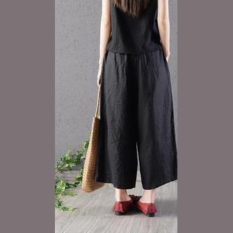 Loose elastic waist Vintage Black Cotton Linen Embroidery Ankle-Length Pants - Omychic