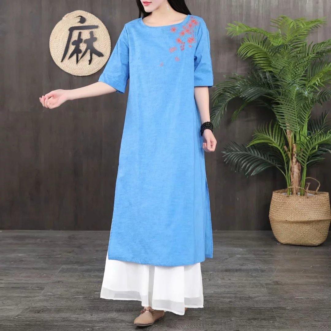 Loose embroidery cotton linen dress Catwalk blue Dress summer - Omychic