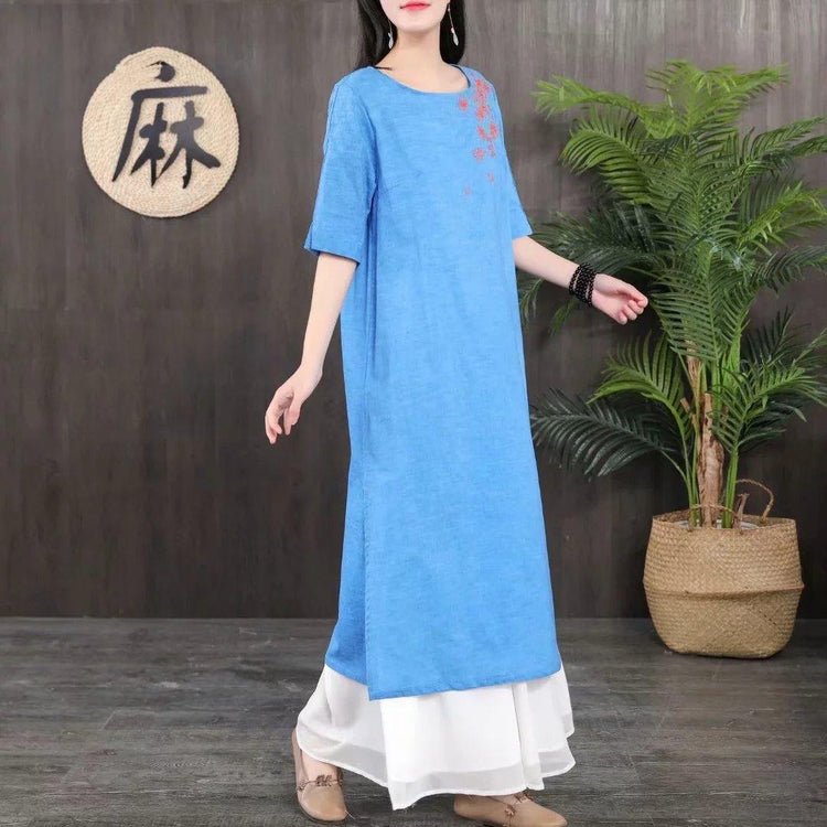 Loose embroidery cotton linen dress Catwalk blue Dress summer - Omychic