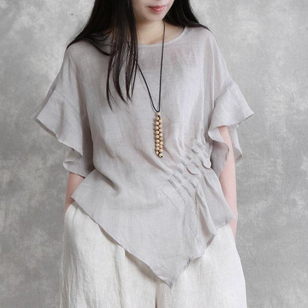 Loose gray wrinkled linen clothes asymmetric daily summer top - Omychic
