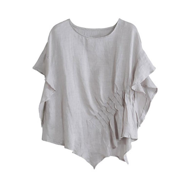 Loose gray wrinkled linen clothes asymmetric daily summer top - Omychic