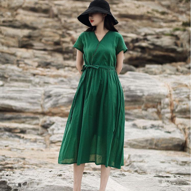 Loose green linen Wardrobes v neck layered tie waist Art summer Dresses - Omychic
