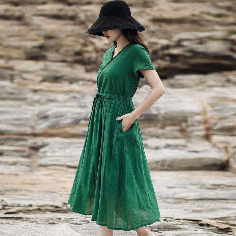 Loose green linen Wardrobes v neck layered tie waist Art summer Dresses - Omychic