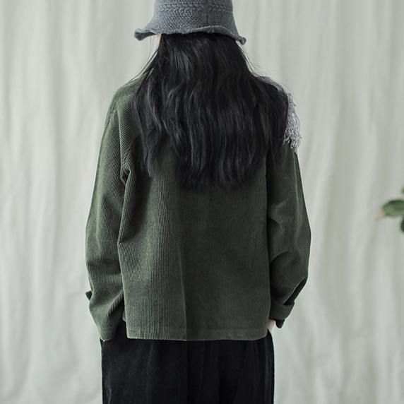 Loose green linen cotton shirts Photography lapel Button fall blouses - Omychic