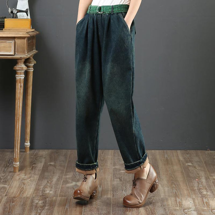Loose green waist pant loose thick patchwork color design women trousers - Omychic