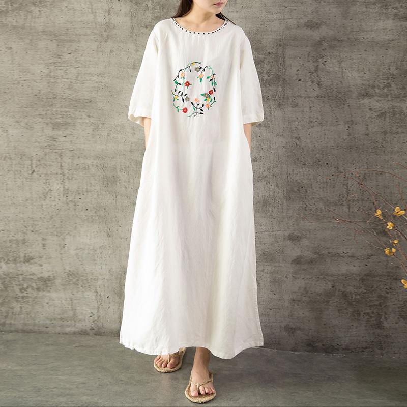 Loose half sleeve cotton linen clothes Sewing white embroidery Dresses summer - Omychic
