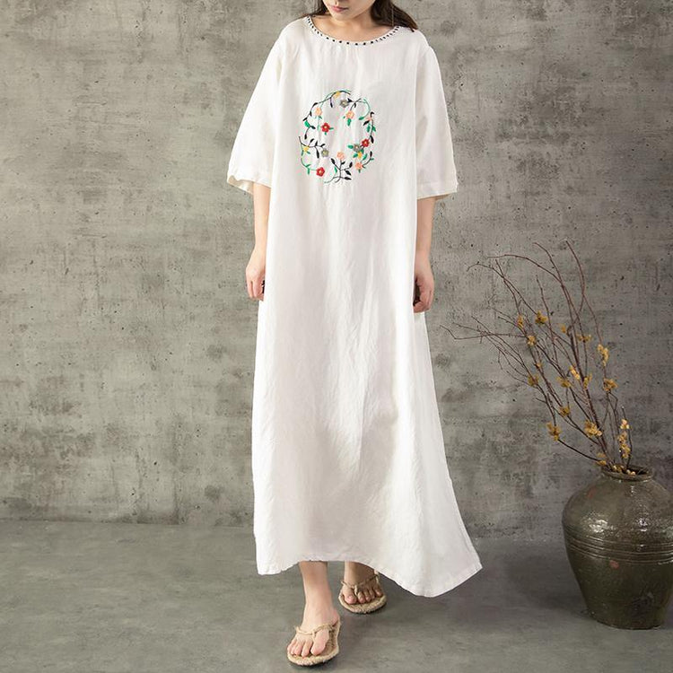 Loose half sleeve cotton linen clothes Sewing white embroidery Dresses summer - Omychic