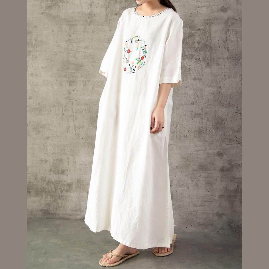 Loose half sleeve cotton linen clothes Sewing white embroidery Dresses summer - Omychic