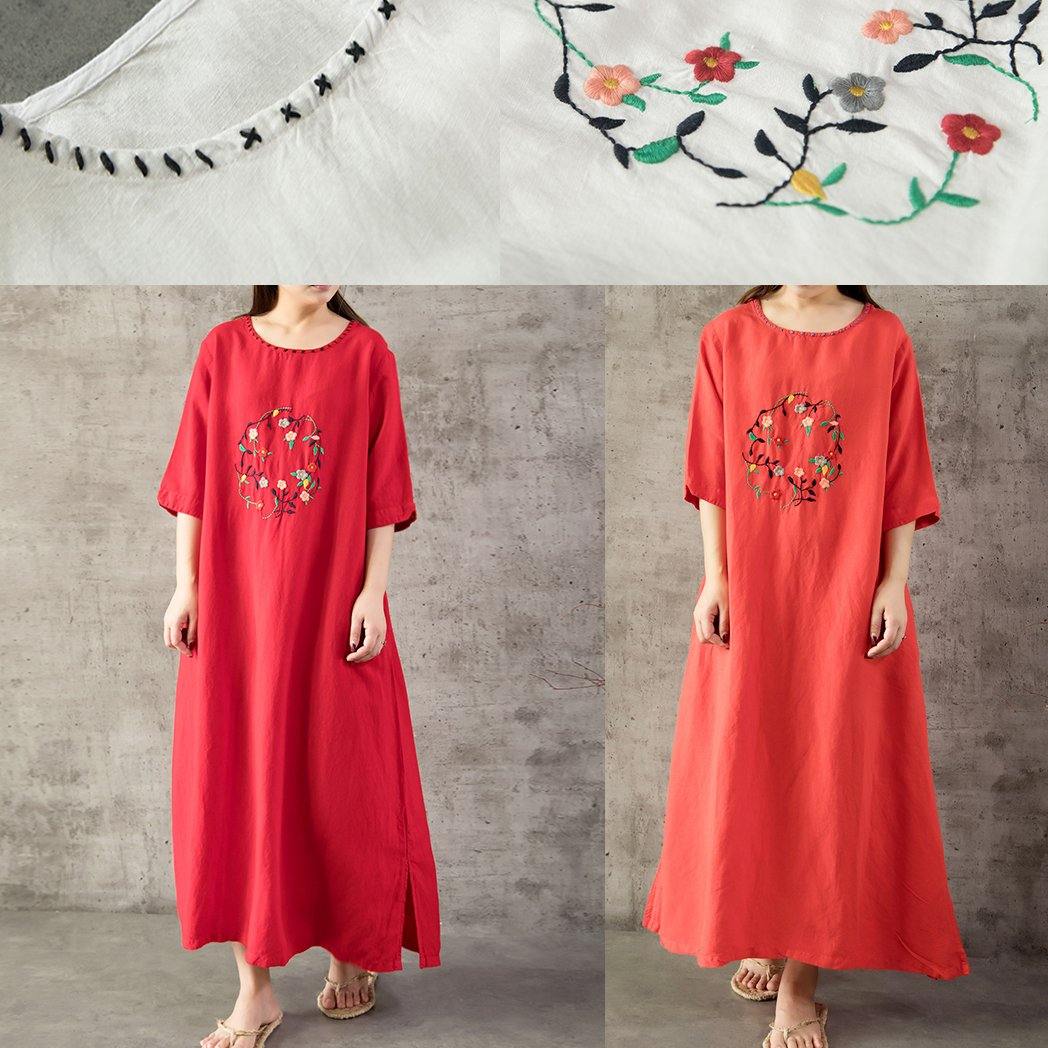 Loose half sleeve cotton linen clothes Sewing white embroidery Dresses summer - Omychic