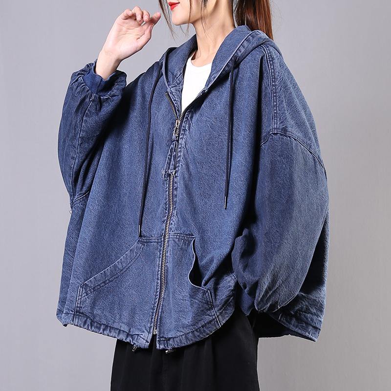 Loose hooded Batwing Sleeve Plus Size spring tunic coats denim blue daily coat - Omychic