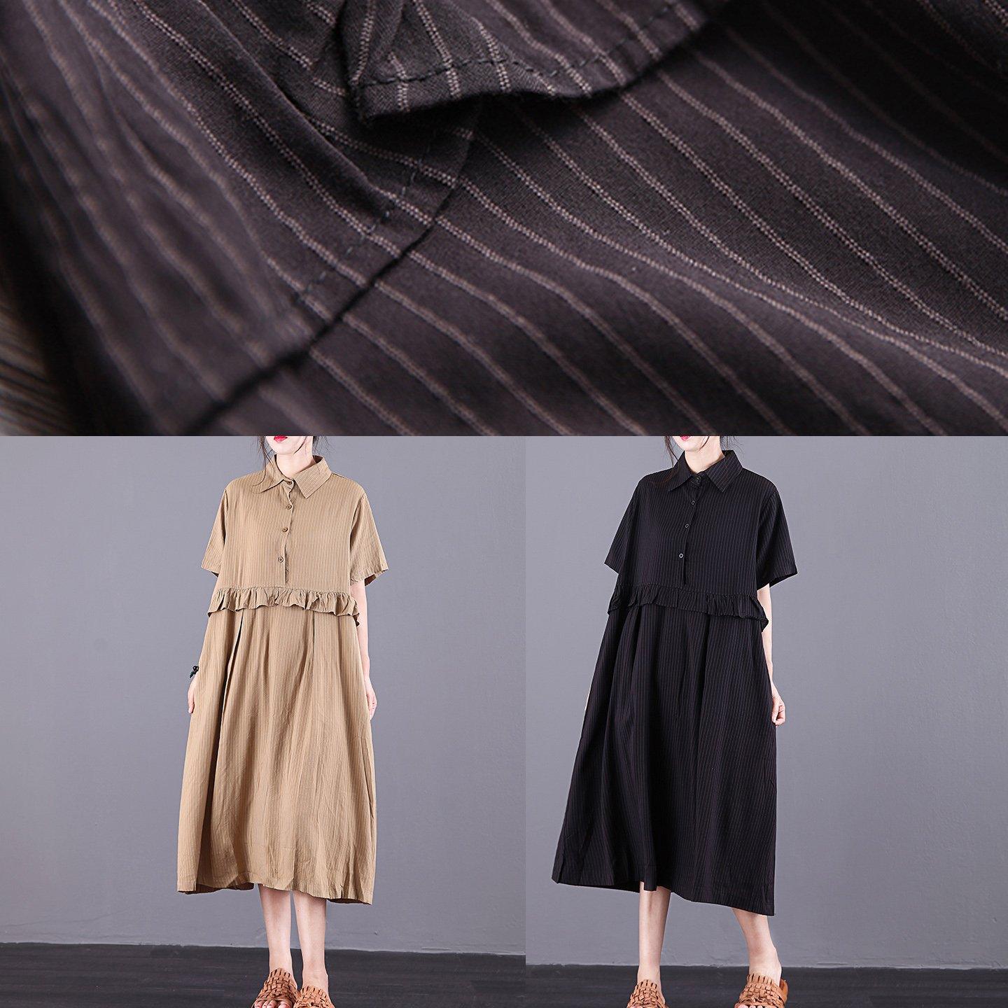 Loose khaki striped clothes lapel patchwork cotton robes summer Dress - Omychic