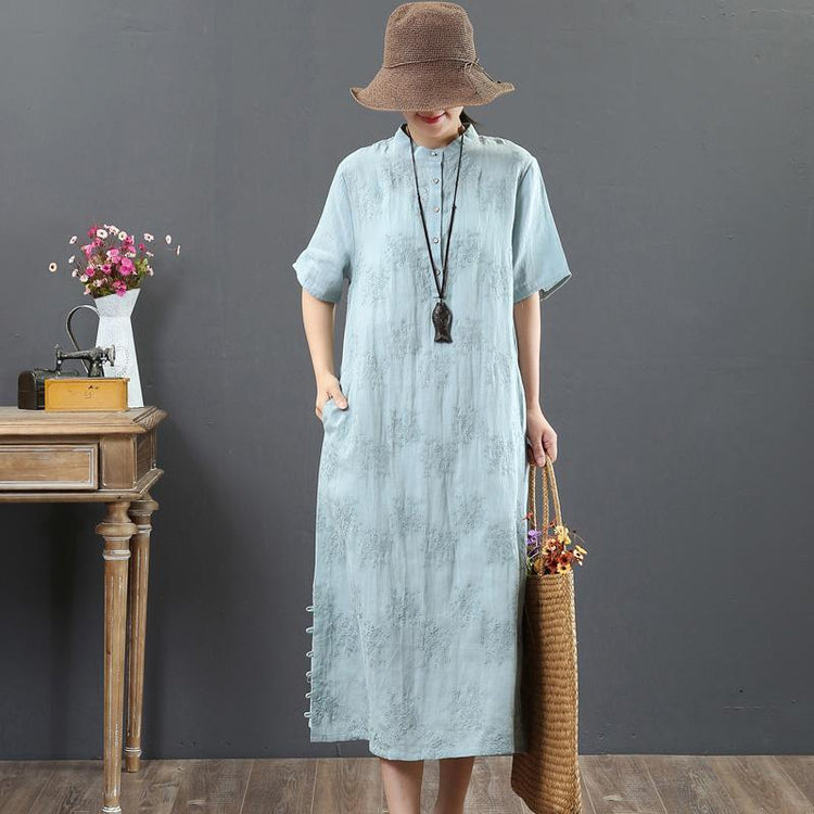 Loose light blue linen clothes For Women boutique Work stand collar embroidery Maxi Summer Dress - Omychic