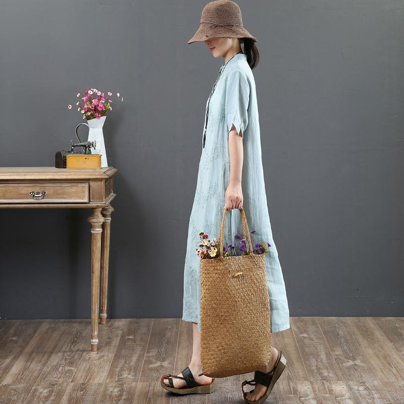 Loose light blue linen clothes For Women boutique Work stand collar embroidery Maxi Summer Dress - Omychic