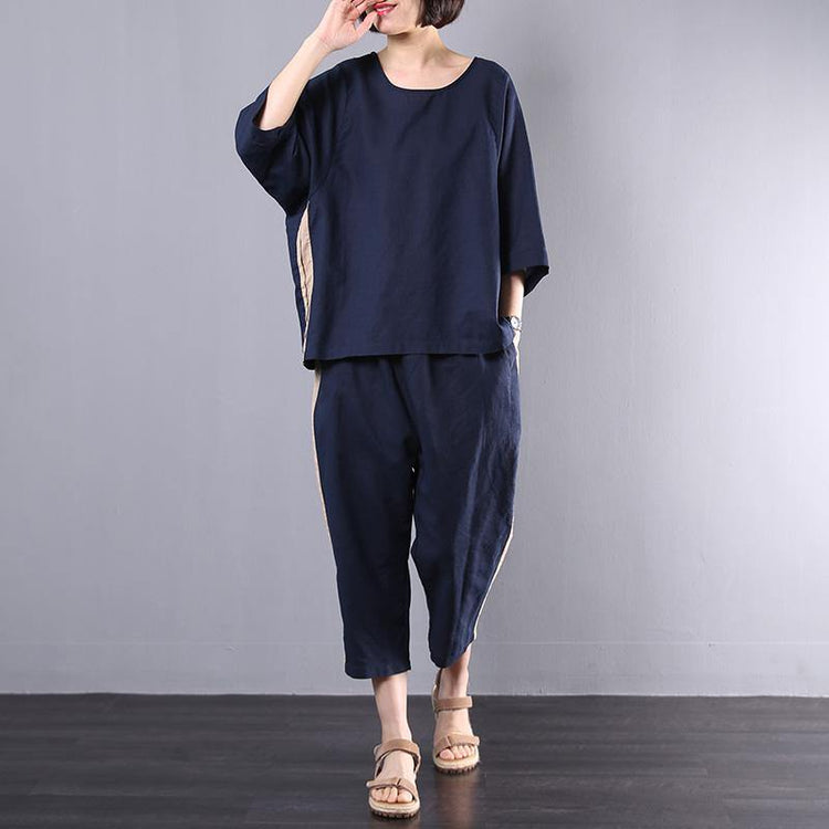 Loose linen linen tops women blouses Omychic Side Stripe Splicing Casual Two Piece Suit - Omychic