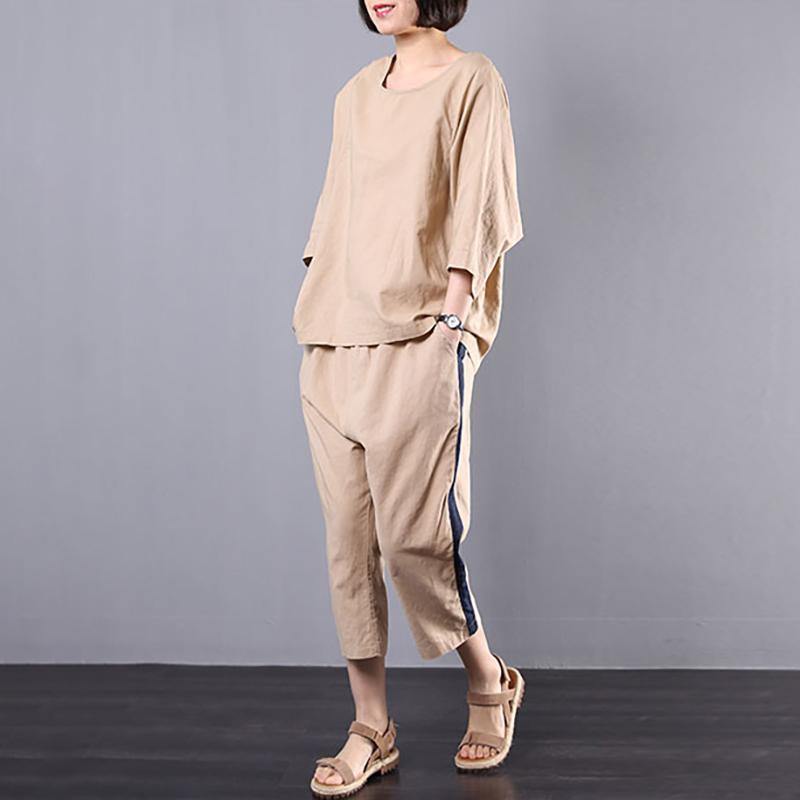 Loose linen linen tops women blouses Omychic Side Stripe Splicing Casual Two Piece Suit - Omychic