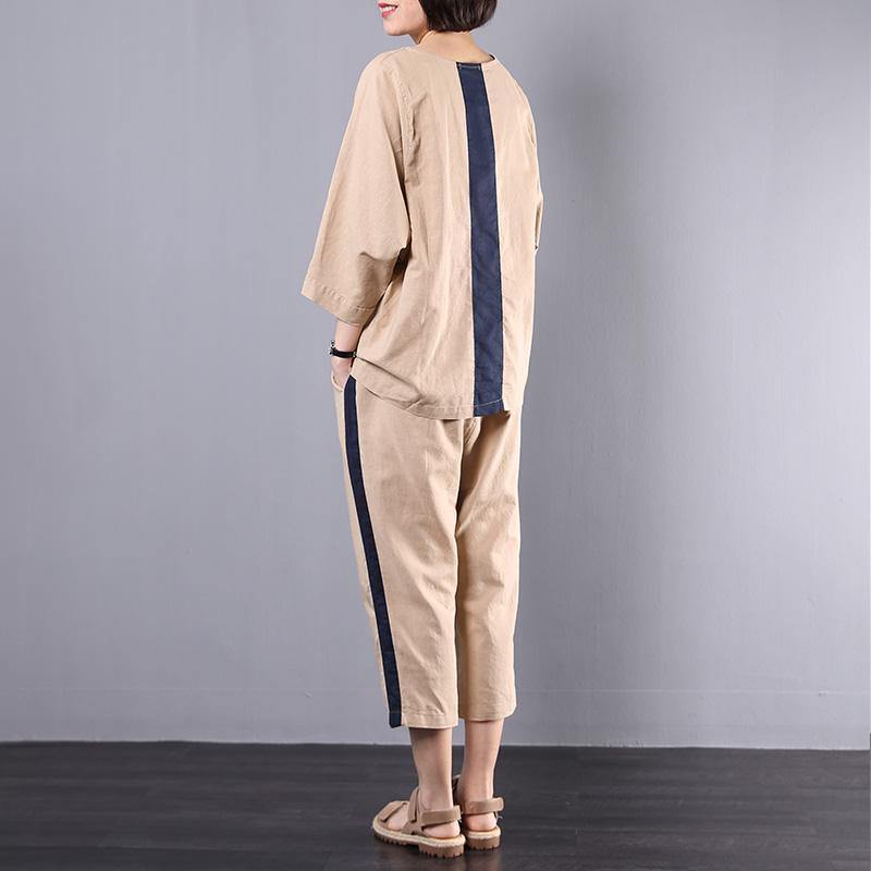 Loose linen linen tops women blouses Omychic Side Stripe Splicing Casual Two Piece Suit - Omychic