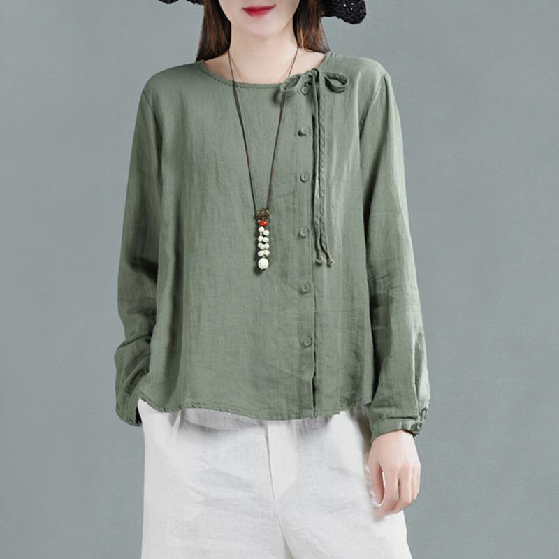 Loose linen tunic top Women Long Sleeve green Lace-Up Blouse - Omychic