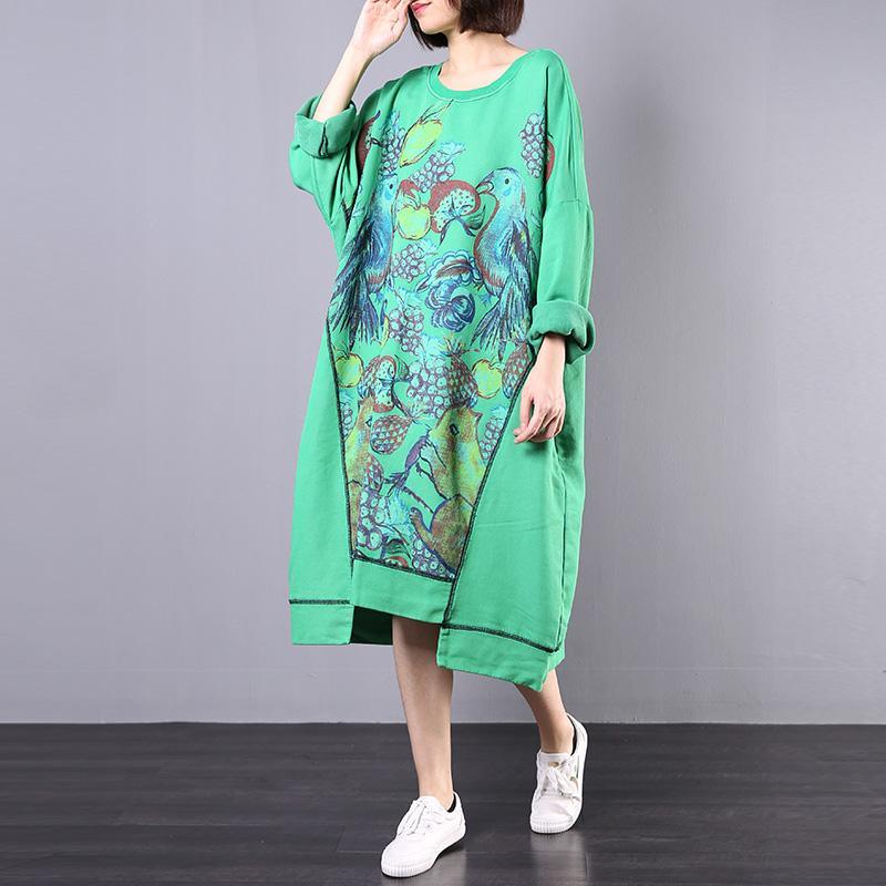 Loose long sleeve cotton clothes Women Sewing green prints Maxi Dress fall - Omychic