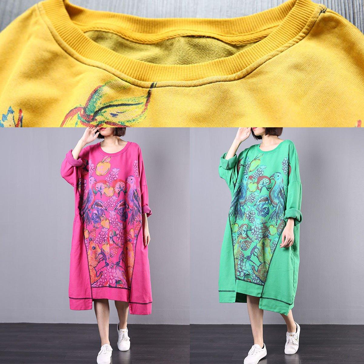 Loose long sleeve cotton clothes Women Sewing green prints Maxi Dress fall - Omychic
