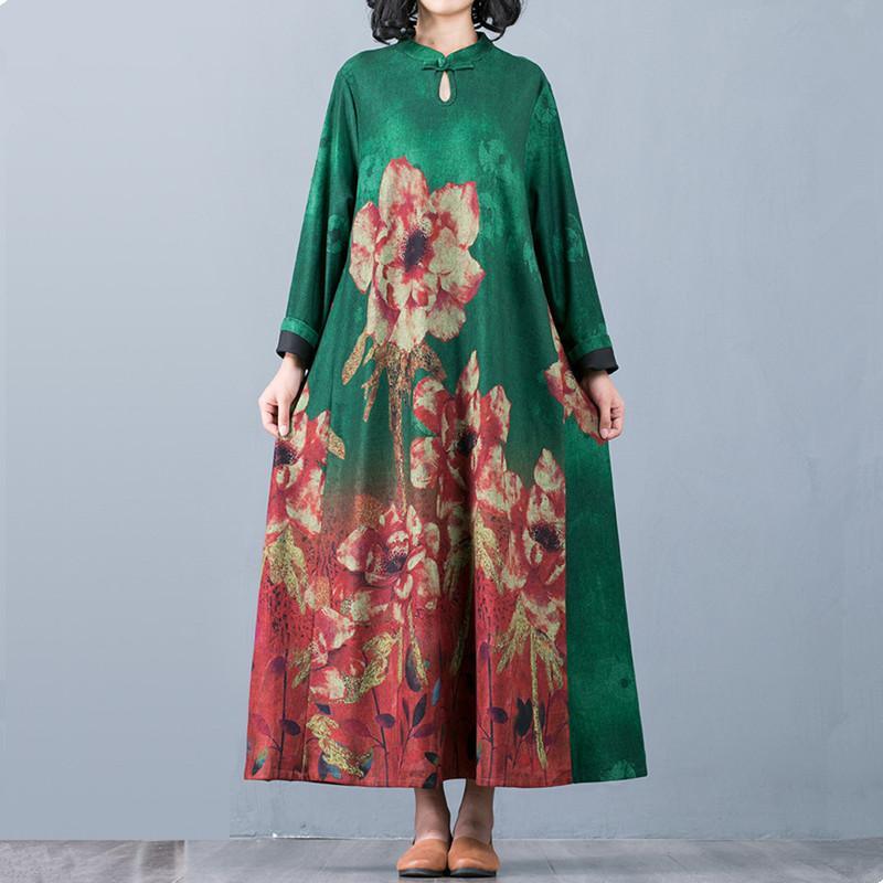 Loose long sleeve cotton stand collar quilting clothes Catwalk green floral cotton Dresses - Omychic