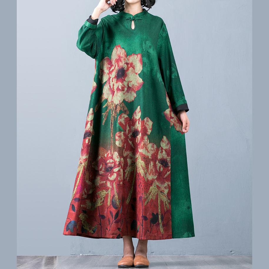 Loose long sleeve cotton stand collar quilting clothes Catwalk green floral cotton Dresses - Omychic