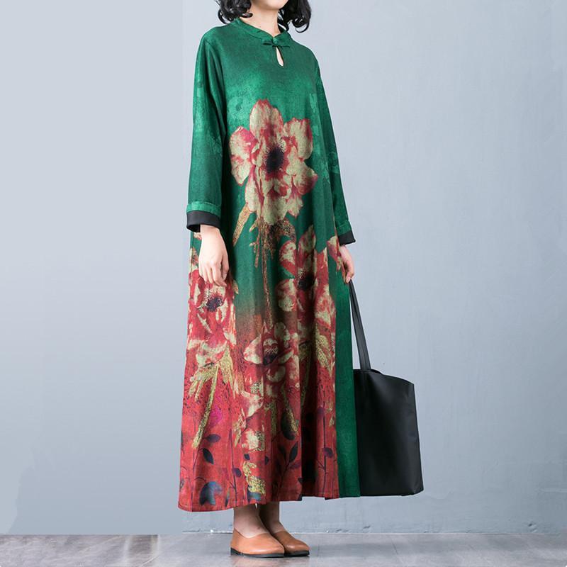 Loose long sleeve cotton stand collar quilting clothes Catwalk green floral cotton Dresses - Omychic