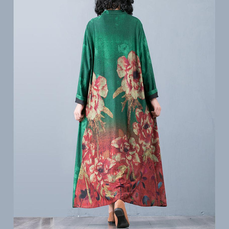 Loose long sleeve cotton stand collar quilting clothes Catwalk green floral cotton Dresses - Omychic