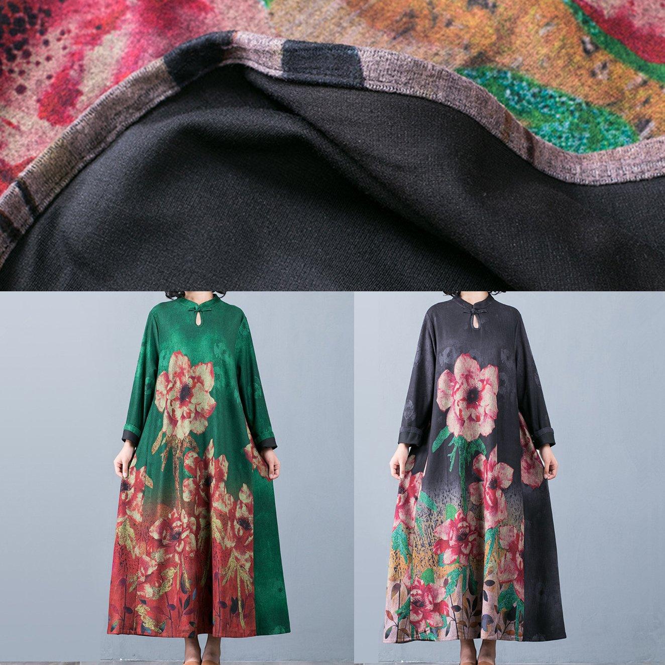 Loose long sleeve cotton stand collar quilting clothes Catwalk green floral cotton Dresses - Omychic