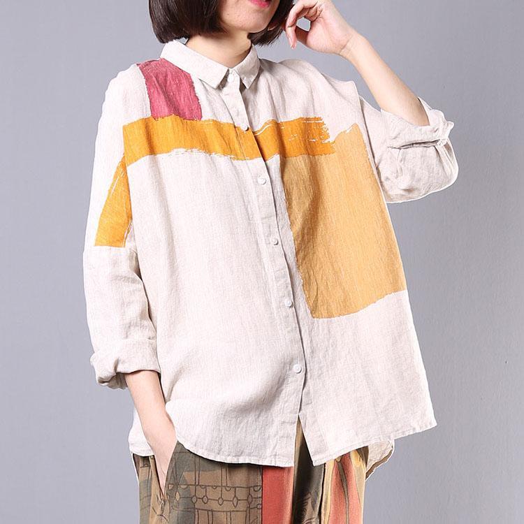 Loose low high design linen clothes Tunic Tops beige patchwork color shirts fall - Omychic