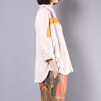 Loose low high design linen clothes Tunic Tops beige patchwork color shirts fall - Omychic