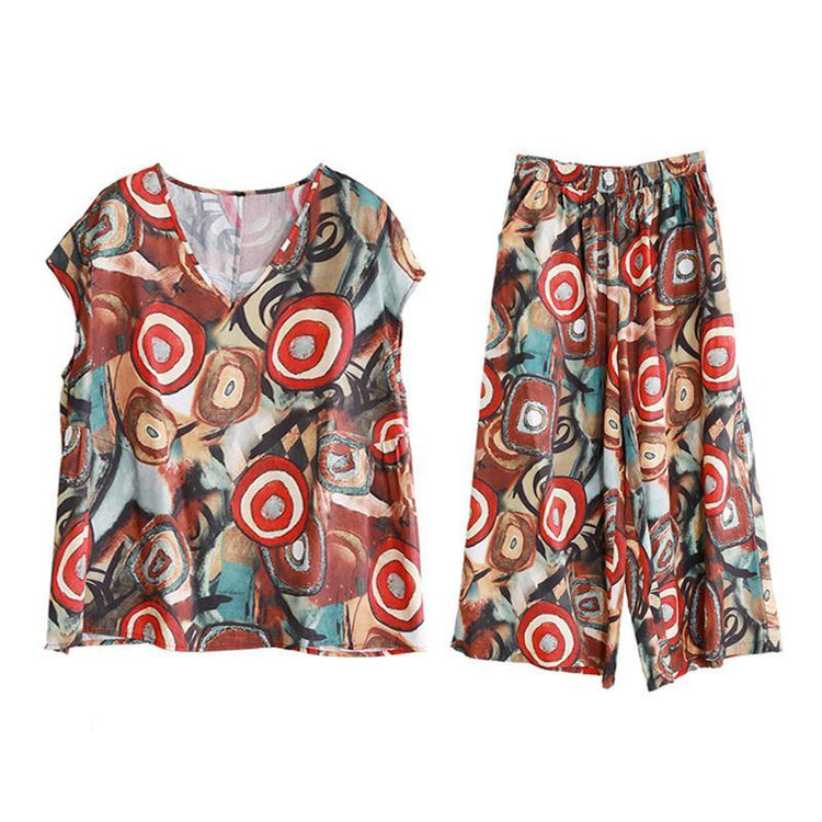 Loose multicolor short-sleeved literary print silk linen V-neck pullover nine pants summer new - Omychic