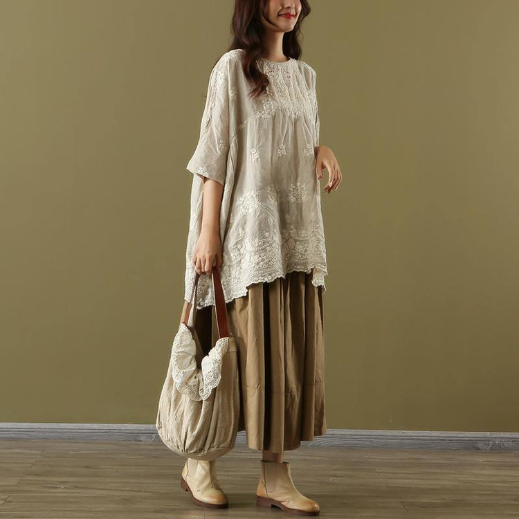 Loose nude cotton linen Tunic Work o neck embroidery summer top - Omychic
