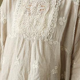 Loose nude cotton linen Tunic Work o neck embroidery summer top - Omychic