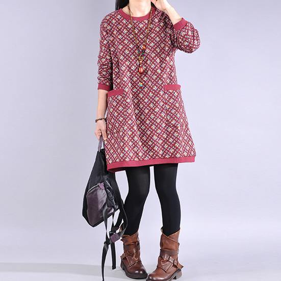 Loose o neck Cotton prints tunics for women Shape red Dresses - Omychic