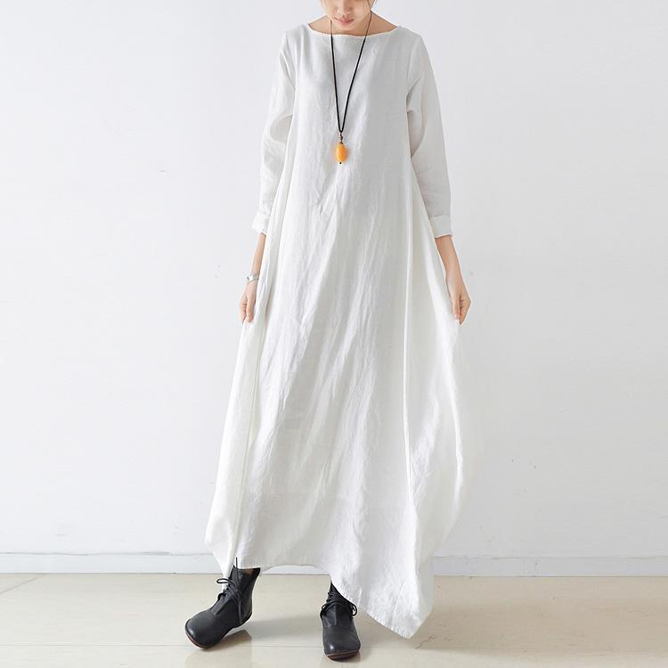 Loose o neck asymmetric linen Soft Surroundings Sewing white loose Dresses - Omychic