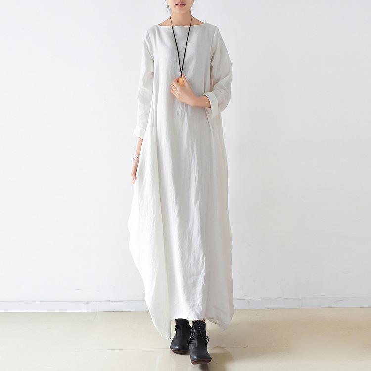 Loose o neck asymmetric linen Soft Surroundings Sewing white loose Dresses - Omychic