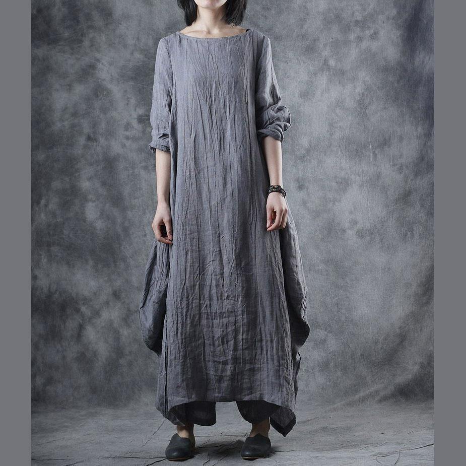 Loose o neck asymmetric linen clothes For Women Tunic Tops gray Dresses fall - Omychic