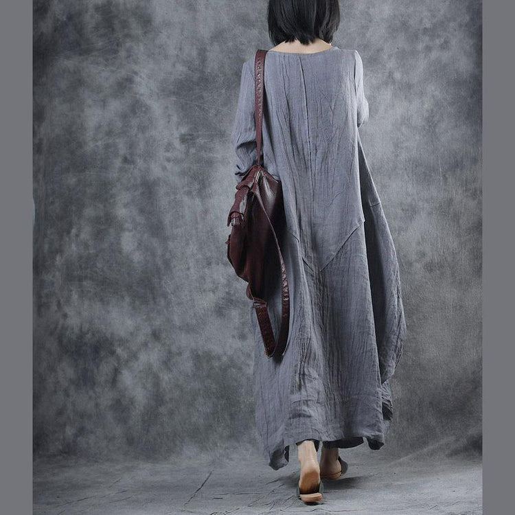 Loose o neck asymmetric linen clothes For Women Tunic Tops gray Dresses fall - Omychic