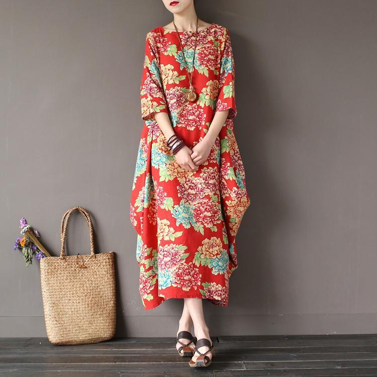 Loose o neck cotton half sleeve clothes Photography red summer long Dress - Omychic