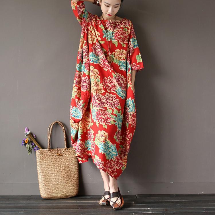Loose o neck cotton half sleeve clothes Photography red summer long Dress - Omychic