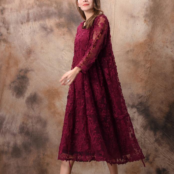 Loose o neck false two pieces lace pattern Boho Tutorials burgundy robes Dress spring - Omychic