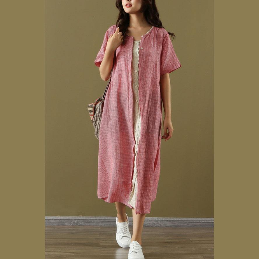 Loose o neck false two pieces linen Robes Online Shopping red Plaid Dress summer - Omychic