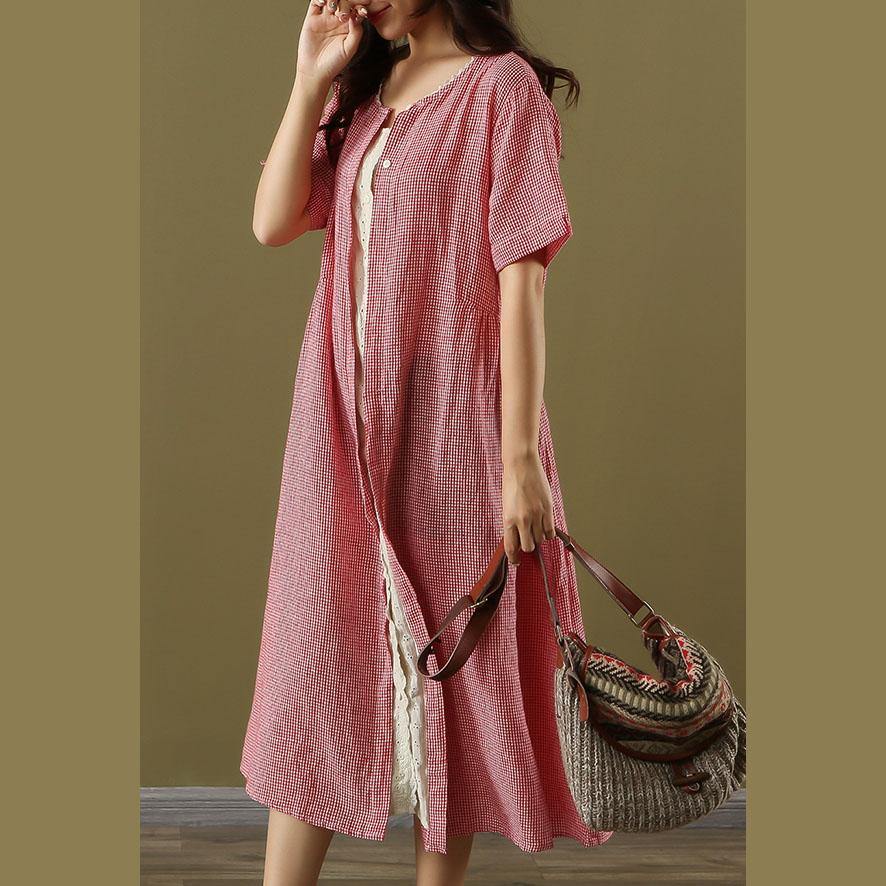 Loose o neck false two pieces linen Robes Online Shopping red Plaid Dress summer - Omychic