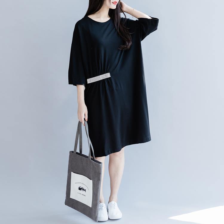 Loose o neck half sleeve Cotton clothes For Women Sewing black Dresses summer - Omychic