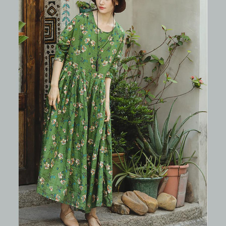 Loose o neck large hem linen clothes For Women Pakistani Runway green print cotton Dress summer - Omychic